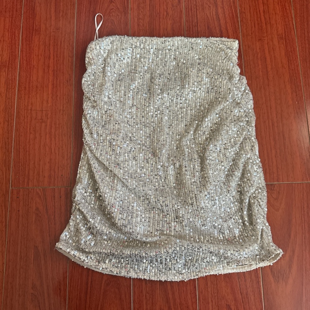 Lipsy Gray Sequin Ruched Bubble Mini Skirt